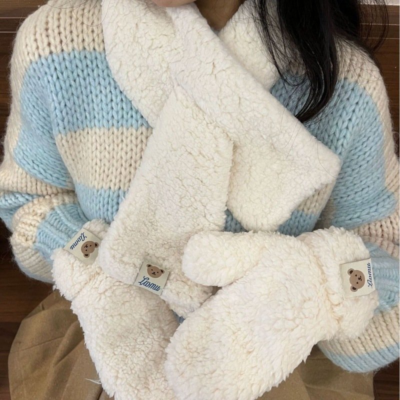 Cartoon Bear Plush Gloves Thickened Warm And Cute Scarf - Image 3