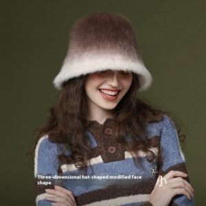 Rabbit Fur Bucket Hat Women's Fleece-lined Warm Bucket Hat